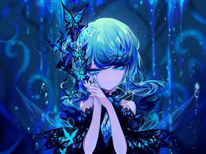 Preview wallpaper girl, butterflies, anime, art, blue