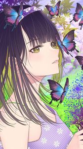 Preview wallpaper girl, butterflies, art, anime, purple