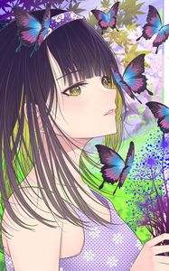 Preview wallpaper girl, butterflies, art, anime, purple