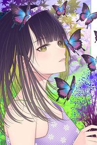 Preview wallpaper girl, butterflies, art, anime, purple