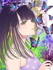 Preview wallpaper girl, butterflies, art, anime, purple