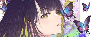 Preview wallpaper girl, butterflies, art, anime, purple