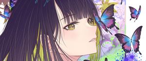 Preview wallpaper girl, butterflies, art, anime, purple