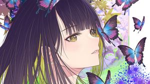 Preview wallpaper girl, butterflies, art, anime, purple