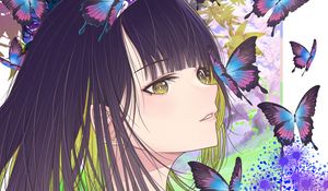 Preview wallpaper girl, butterflies, art, anime, purple