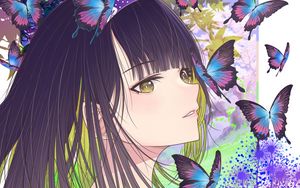 Preview wallpaper girl, butterflies, art, anime, purple