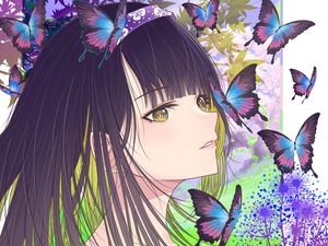 Preview wallpaper girl, butterflies, art, anime, purple