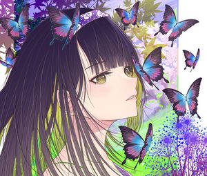 Preview wallpaper girl, butterflies, art, anime, purple