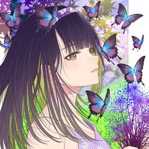 Preview wallpaper girl, butterflies, art, anime, purple