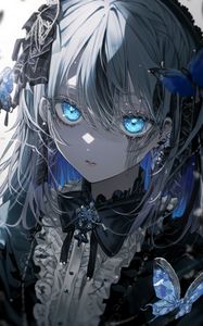 Preview wallpaper girl, butterflies, blue eyes, anime, art