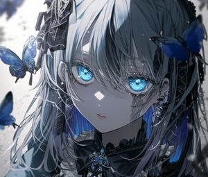 Preview wallpaper girl, butterflies, blue eyes, anime, art