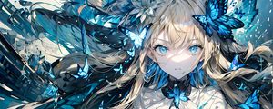 Preview wallpaper girl, butterflies, dress, anime, blue