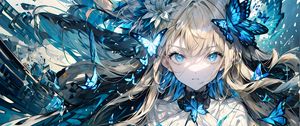 Preview wallpaper girl, butterflies, dress, anime, blue