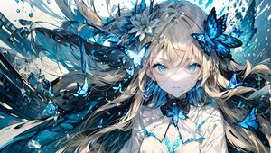 Preview wallpaper girl, butterflies, dress, anime, blue