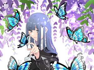 Preview wallpaper girl, butterflies, gesture, anime, art