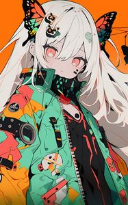 Preview wallpaper girl, butterflies, hairpins, jacket, anime