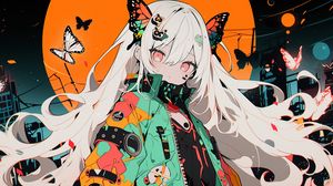 Preview wallpaper girl, butterflies, hairpins, jacket, anime