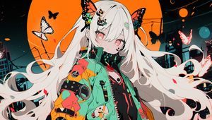 Preview wallpaper girl, butterflies, hairpins, jacket, anime