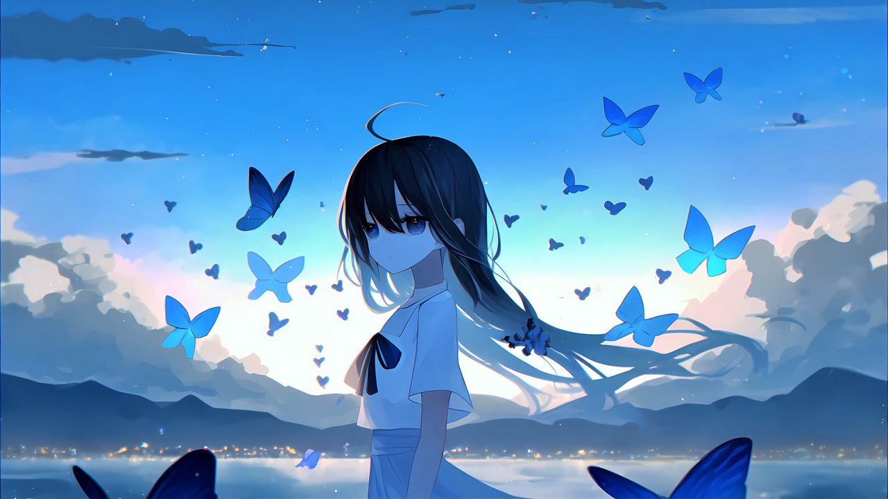 Wallpaper girl, butterflies, light, tenderness, anime, art