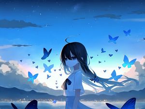 Preview wallpaper girl, butterflies, light, tenderness, anime, art