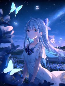 Preview wallpaper girl, butterflies, night, anime