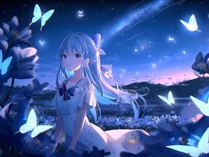 Preview wallpaper girl, butterflies, night, anime