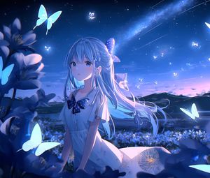 Preview wallpaper girl, butterflies, night, anime