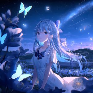 Preview wallpaper girl, butterflies, night, anime