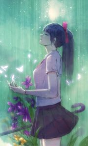 Preview wallpaper girl, butterflies, rain, anime, art