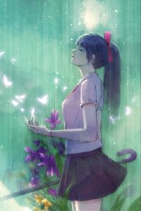 Preview wallpaper girl, butterflies, rain, anime, art