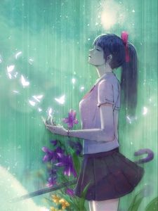 Preview wallpaper girl, butterflies, rain, anime, art