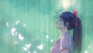 Preview wallpaper girl, butterflies, rain, anime, art