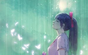 Preview wallpaper girl, butterflies, rain, anime, art