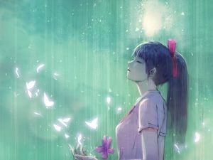 Preview wallpaper girl, butterflies, rain, anime, art