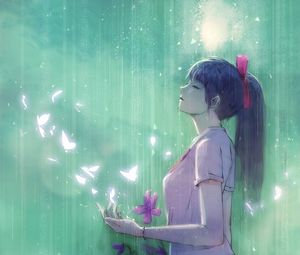 Preview wallpaper girl, butterflies, rain, anime, art