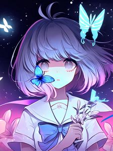 Preview wallpaper girl, butterflies, stars, anime