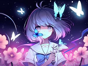 Preview wallpaper girl, butterflies, stars, anime