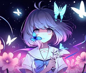 Preview wallpaper girl, butterflies, stars, anime