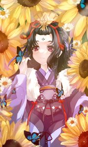Preview wallpaper girl, butterflies, sunflowers, anime