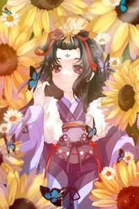 Preview wallpaper girl, butterflies, sunflowers, anime