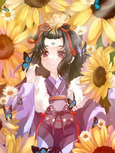 Preview wallpaper girl, butterflies, sunflowers, anime