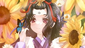 Preview wallpaper girl, butterflies, sunflowers, anime