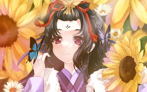 Preview wallpaper girl, butterflies, sunflowers, anime