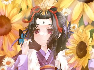 Preview wallpaper girl, butterflies, sunflowers, anime