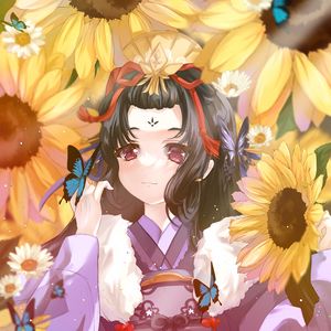 Preview wallpaper girl, butterflies, sunflowers, anime