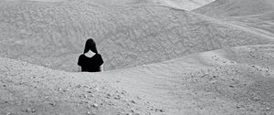 Preview wallpaper girl, bw, sand, hills