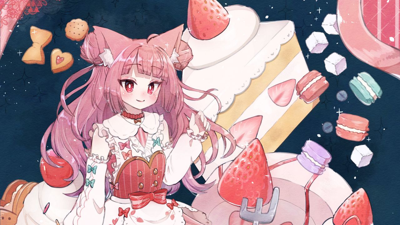 Wallpaper girl, cakes, cocktail, anime, art