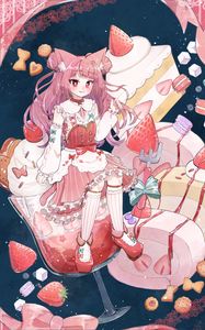 Preview wallpaper girl, cakes, cocktail, anime, art