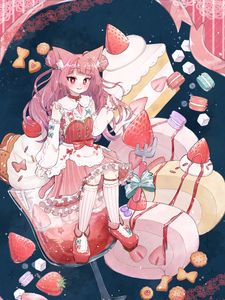 Preview wallpaper girl, cakes, cocktail, anime, art