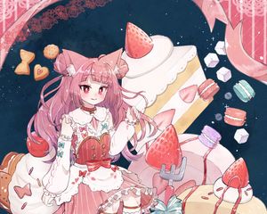 Preview wallpaper girl, cakes, cocktail, anime, art